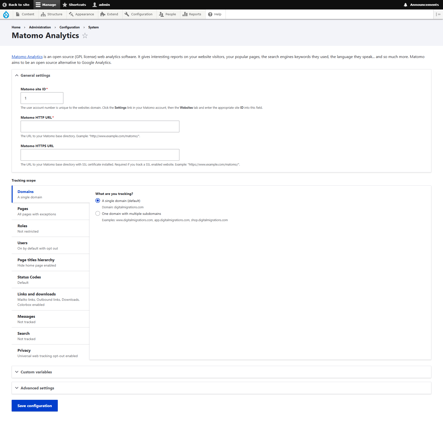 Drupal Matomo Module User Interface